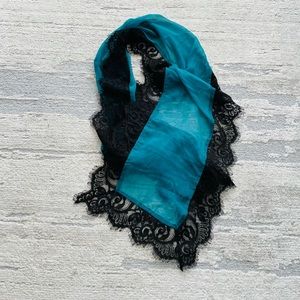 Blue Silk Chiffon and Lace Scarf
